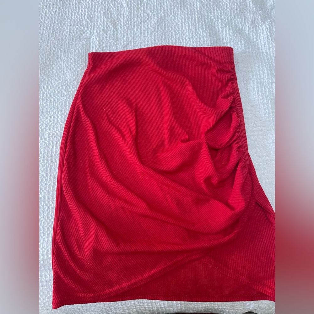 Prettylittlething Red Ribbed Tilip Hem Mini Skirt